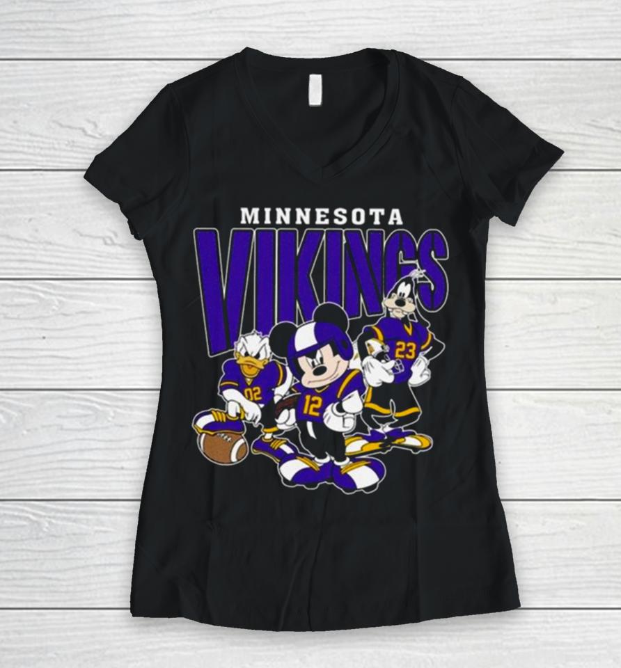 Minnesota Vikings Football Mickey Donald Duck And Goofy Football Team Vintage Women V-Neck T-Shirt
