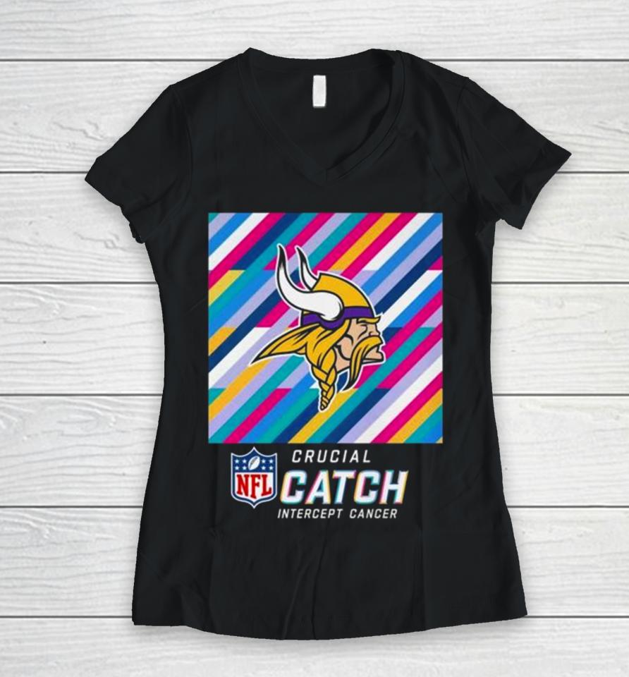 Minnesota Vikings Nfl Crucial Catch Intercept Cancer Women V-Neck T-Shirt