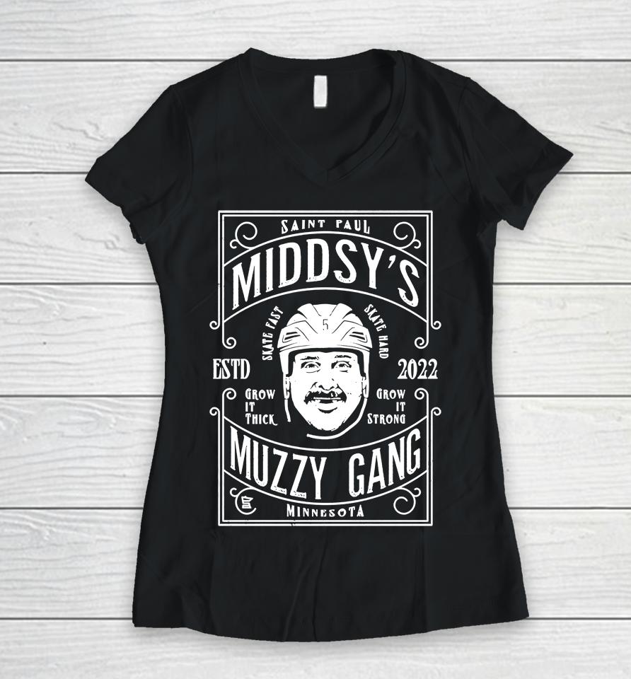 Minnesota Wild Sotastick Middsy's Muzzy Gang Women V-Neck T-Shirt