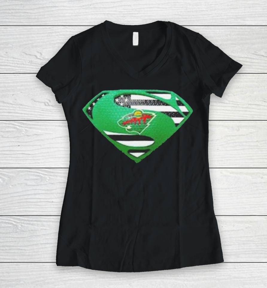 Minnesota Wild Usa Flag Inside Superman Women V-Neck T-Shirt