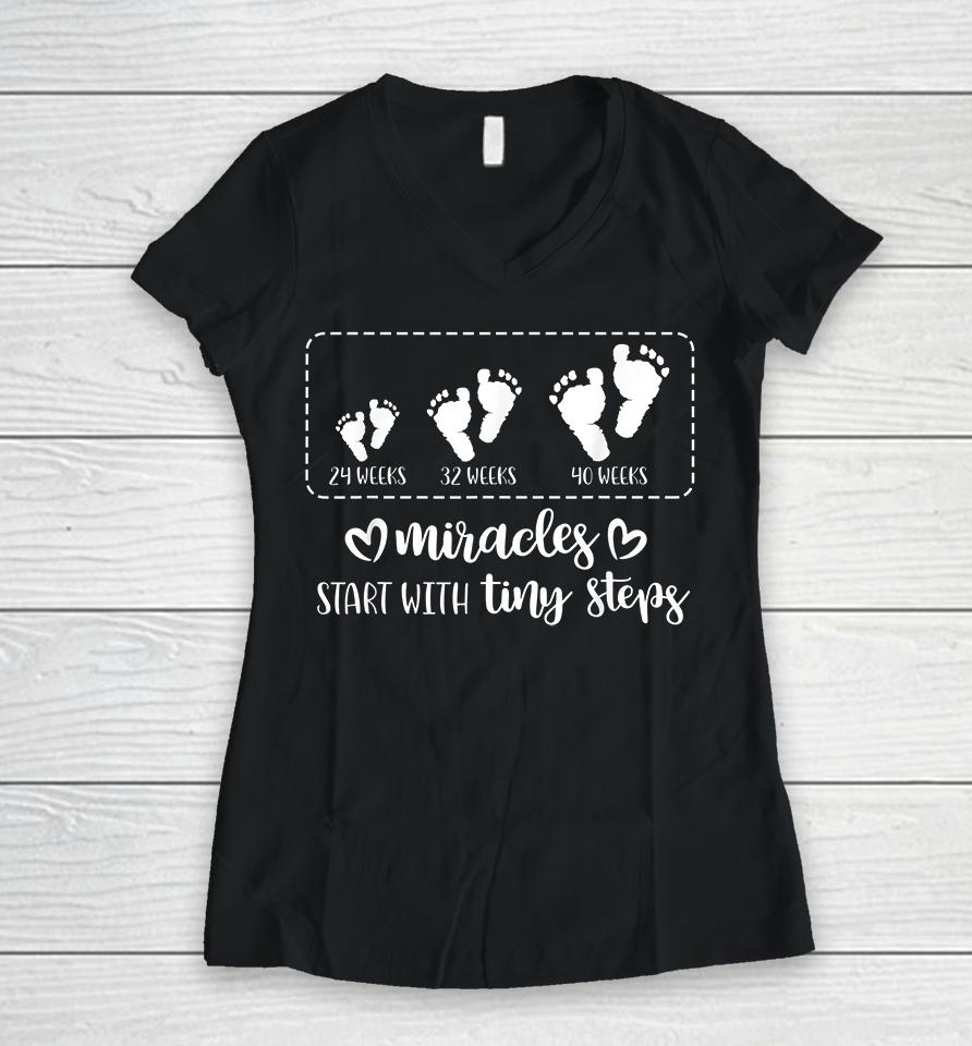 Miracles Start With Tiny Steps Baby Feet Women V-Neck T-Shirt