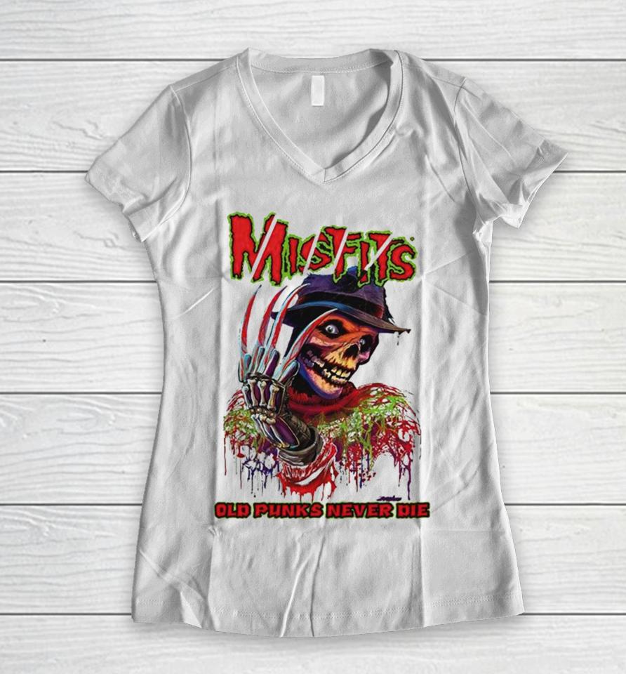 Misfits Old Punks Never Die Skeleton Women V-Neck T-Shirt