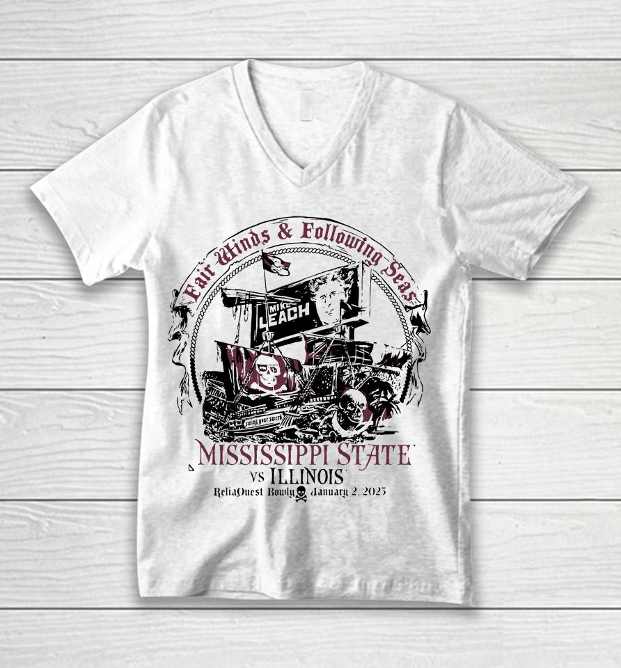 Mississippi State 2023 Reliaquest Bowl Leach Pirate Ship Unisex V-Neck T-Shirt