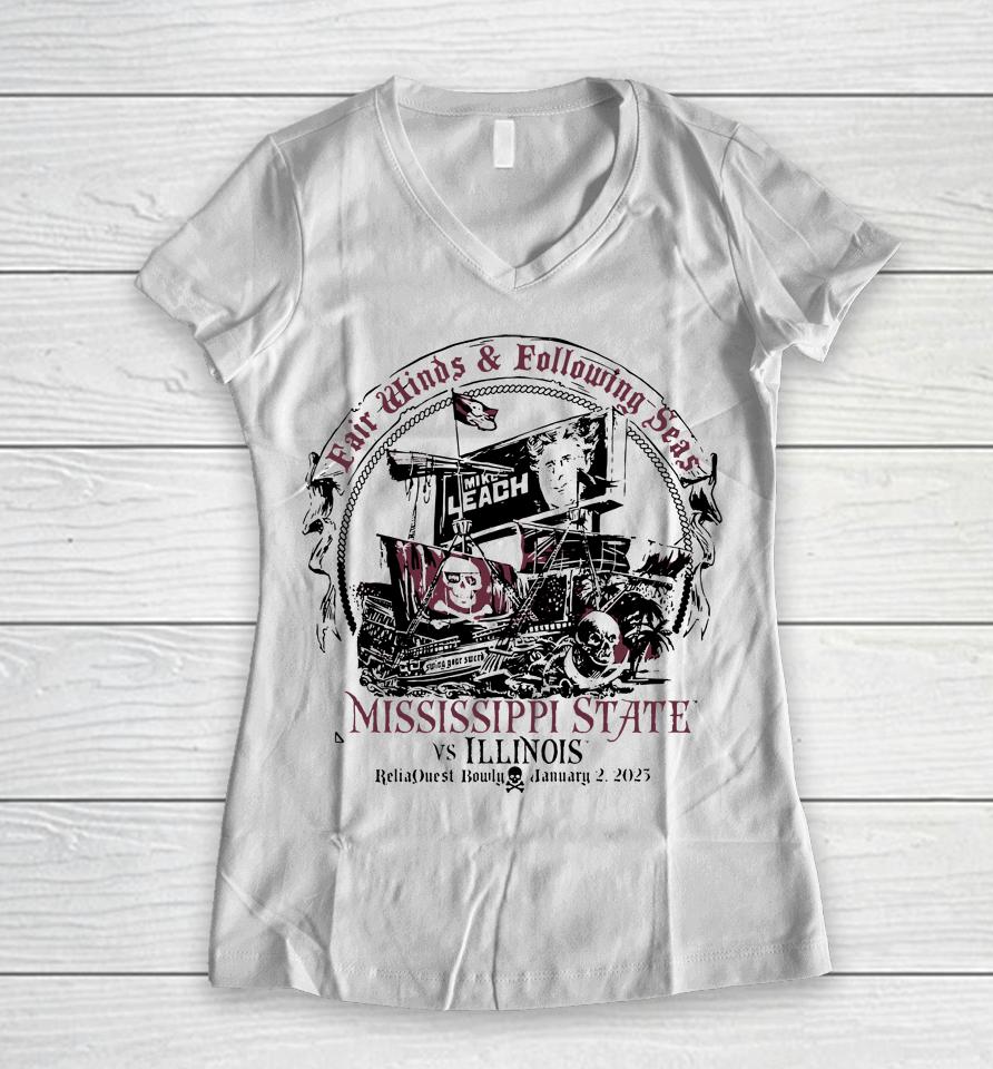 Mississippi State 2023 Reliaquest Bowl Leach Pirate Ship Women V-Neck T-Shirt