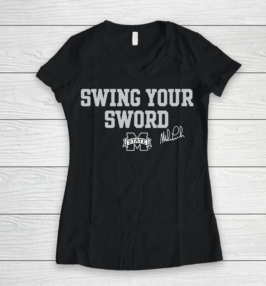 Mississippi State Bulldogs Swing Your Sword Women V-Neck T-Shirt