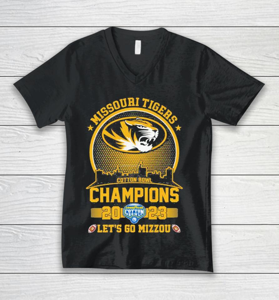 Missouri Tigers 2023 Cotton Bowl Champions Skyline Let’s Go Mizzou Unisex V-Neck T-Shirt