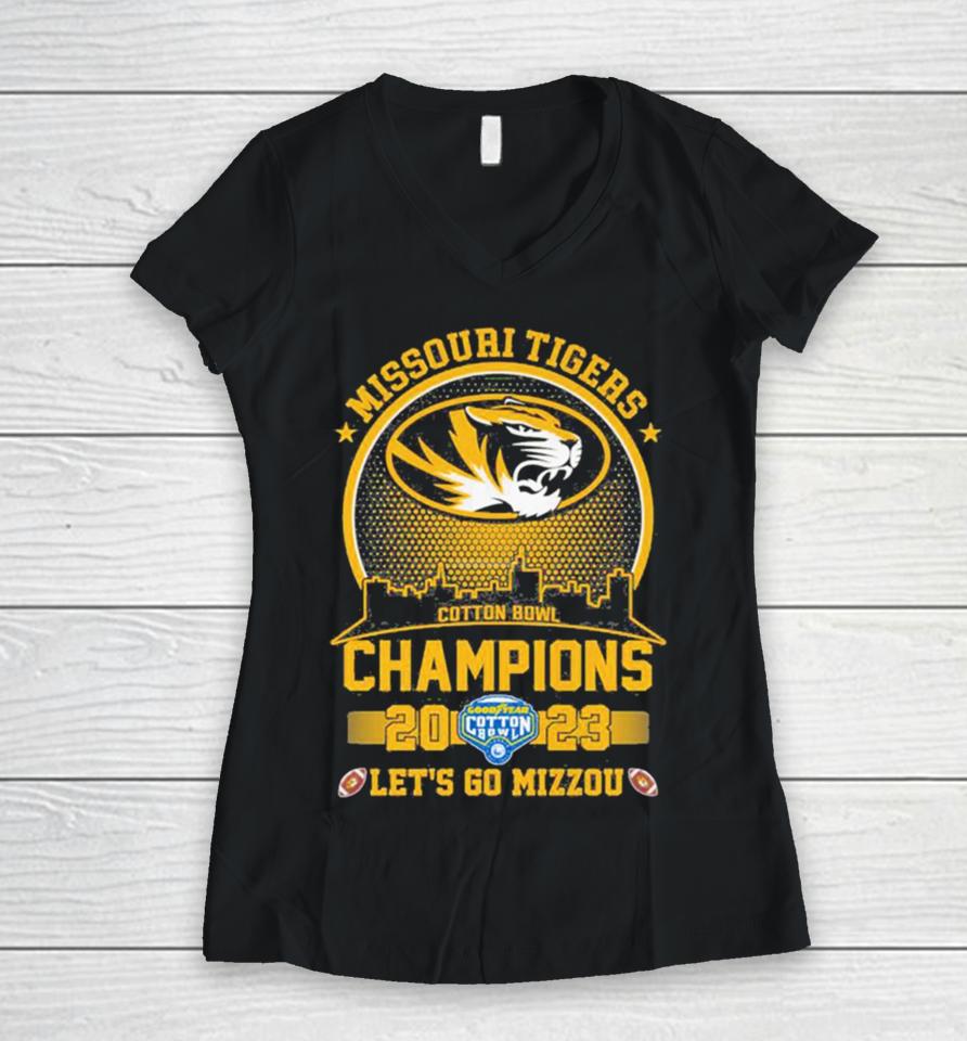 Missouri Tigers 2023 Cotton Bowl Champions Skyline Let’s Go Mizzou Women V-Neck T-Shirt