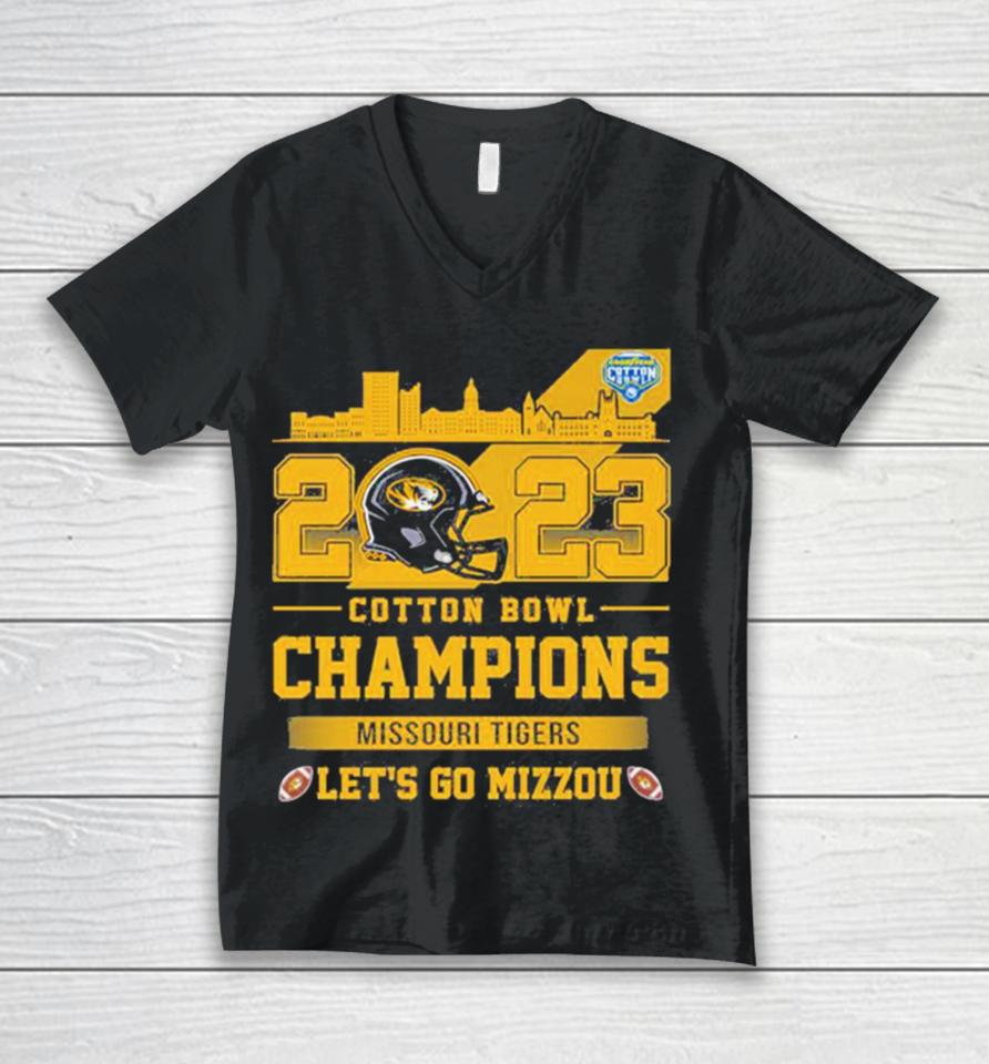 Missouri Tigers Football 2023 Cotton Bowl Champions Let’s Go Mizzou Helmet Unisex V-Neck T-Shirt