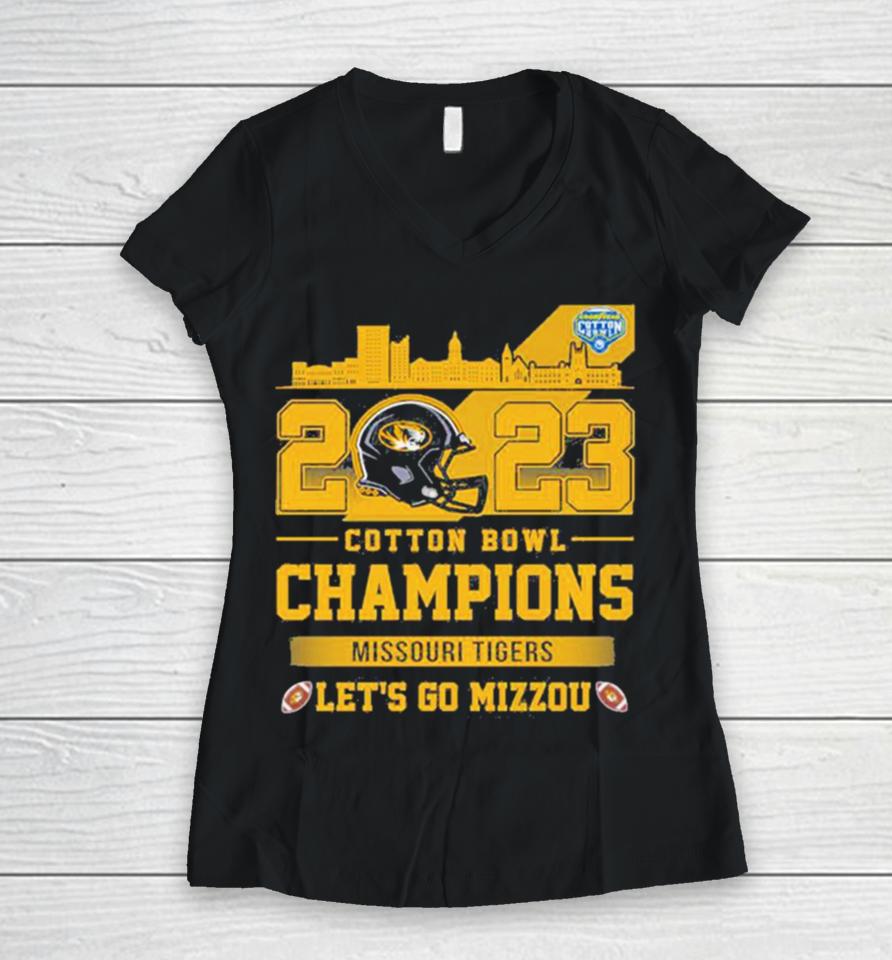Missouri Tigers Football 2023 Cotton Bowl Champions Let’s Go Mizzou Helmet Women V-Neck T-Shirt