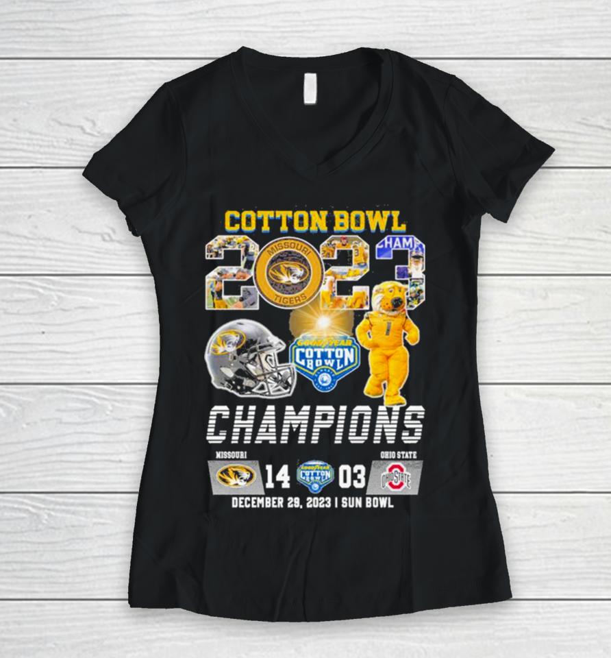 Missouri Tigers Football 2023 Cotton Bowl Champions Victory Ohio State 14 03 Women V-Neck T-Shirt