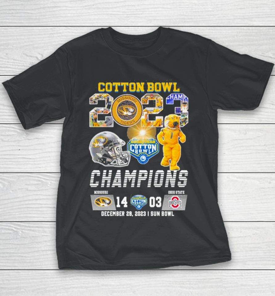 Missouri Tigers Football 2023 Cotton Bowl Champions Victory Ohio State 14 03 Youth T-Shirt