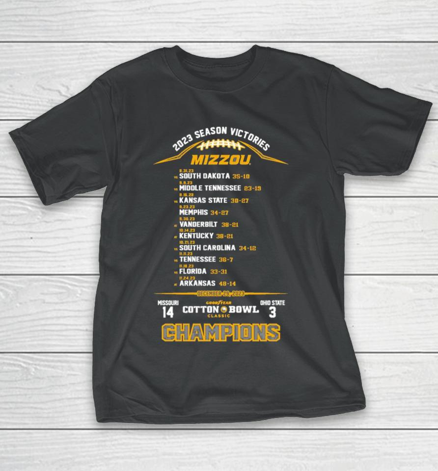 Missouri Tigers Football 2023 Cotton Bowl Champs Season Victories T-Shirt