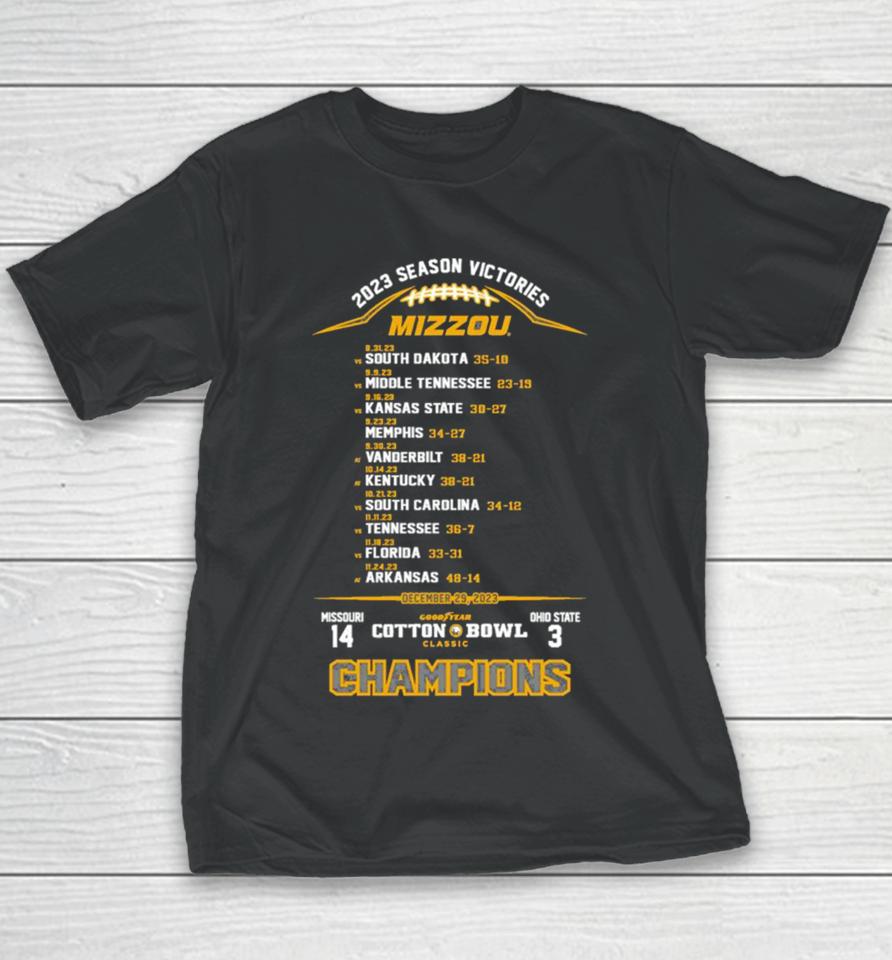 Missouri Tigers Football 2023 Cotton Bowl Champs Season Victories Youth T-Shirt