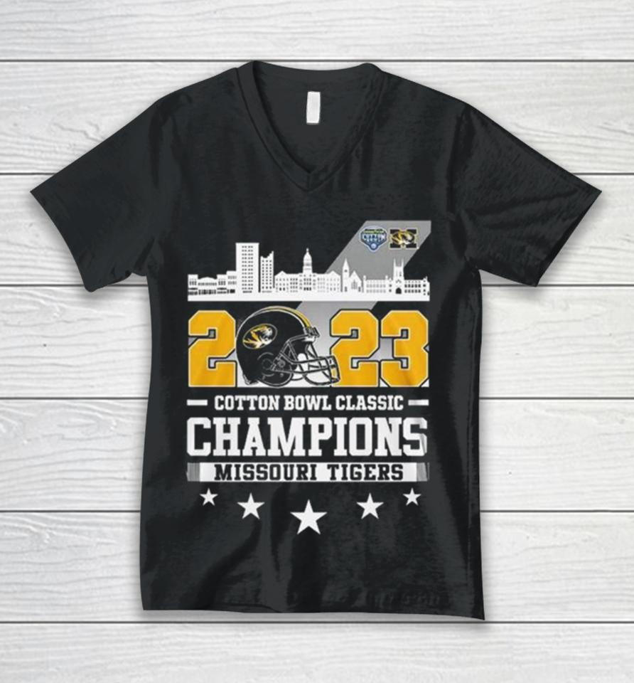 Missouri Tigers Skyline 2023 Cotton Bowl Classic Champions Unisex V-Neck T-Shirt