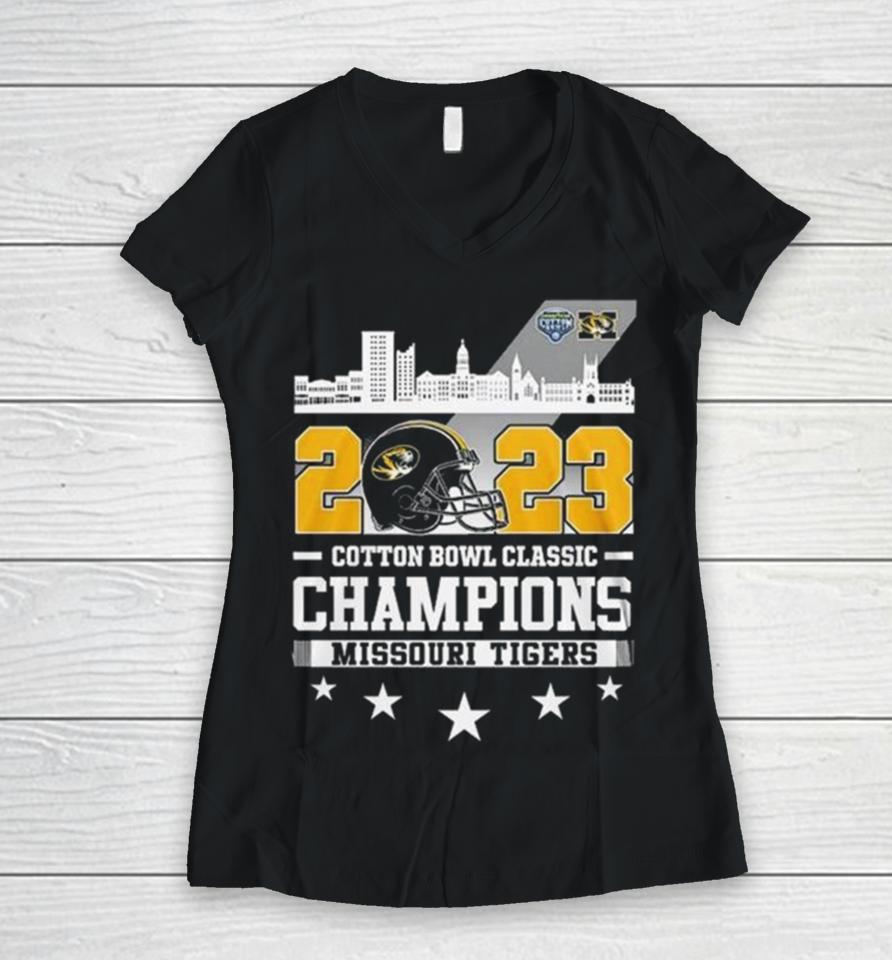 Missouri Tigers Skyline 2023 Cotton Bowl Classic Champions Women V-Neck T-Shirt