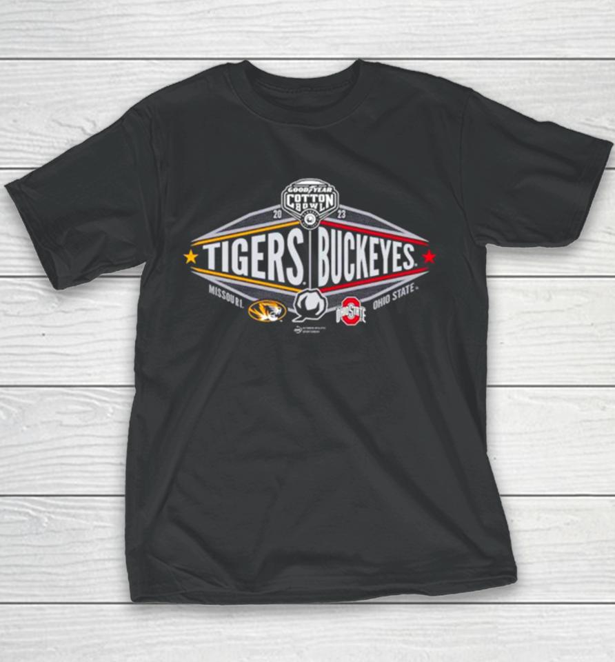 Missouri Tigers Vs. Ohio State Buckeyes 2023 Cotton Bowl 2 Team Youth T-Shirt