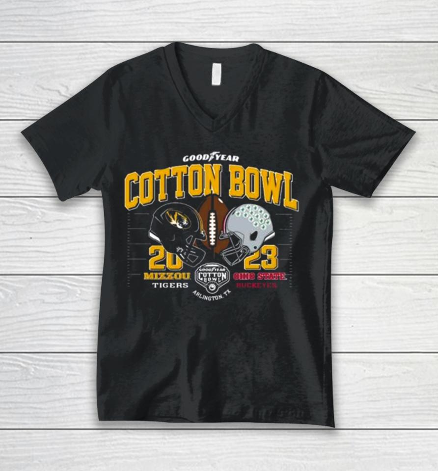 Missouri Tigers Vs Ohio State Buckeyes 2023 Goodyear Cotton Bowl Arlington Tx Unisex V-Neck T-Shirt