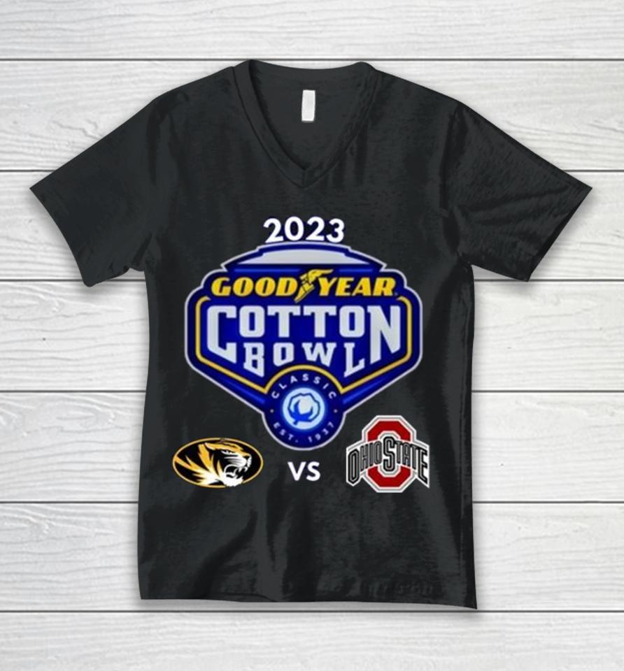 Missouri Tigers Vs Ohio State Buckeyes 2023 Goodyears Cotton Bowl Matchup Unisex V-Neck T-Shirt