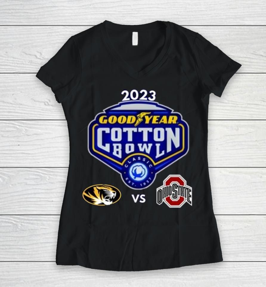 Missouri Tigers Vs Ohio State Buckeyes 2023 Goodyears Cotton Bowl Matchup Women V-Neck T-Shirt