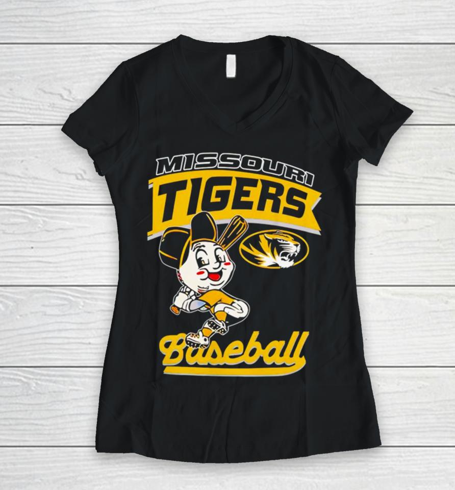 Mizzou Tigers Baseball Head Player Tiger Women V-Neck T-Shirt