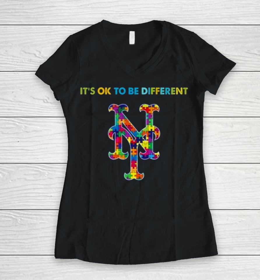 Mlb 2023 New York Mets Autism It’s Ok To Be Different Women V-Neck T-Shirt