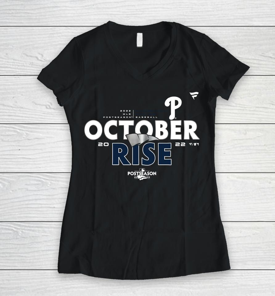 Mlb Philadelphia Phillies 2022 Clinched Postseason October Rise Ring The Bell Women V-Neck T-Shirt