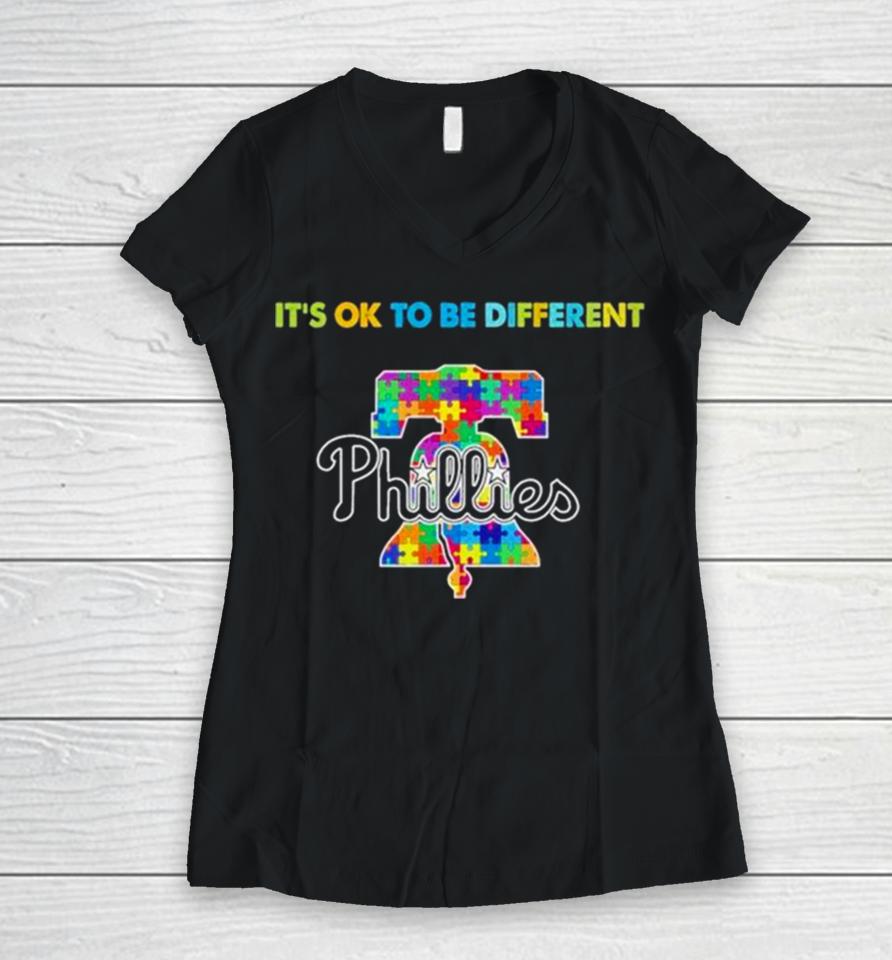 Mlb Philadelphia Phillies It’s Ok To Be Different Autism Women V-Neck T-Shirt