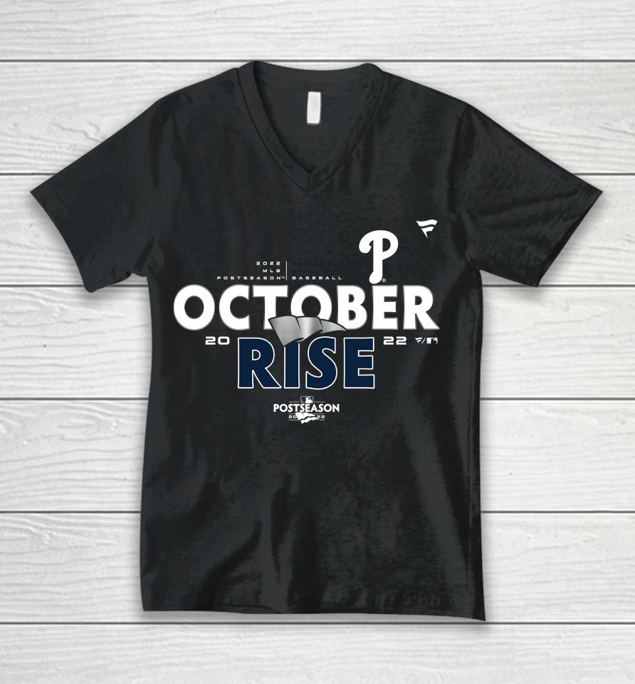 Mlb Playoff Philadelphia Phillies Fanatics Branded Red 2022 Postseason October Rise Unisex V-Neck T-Shirt