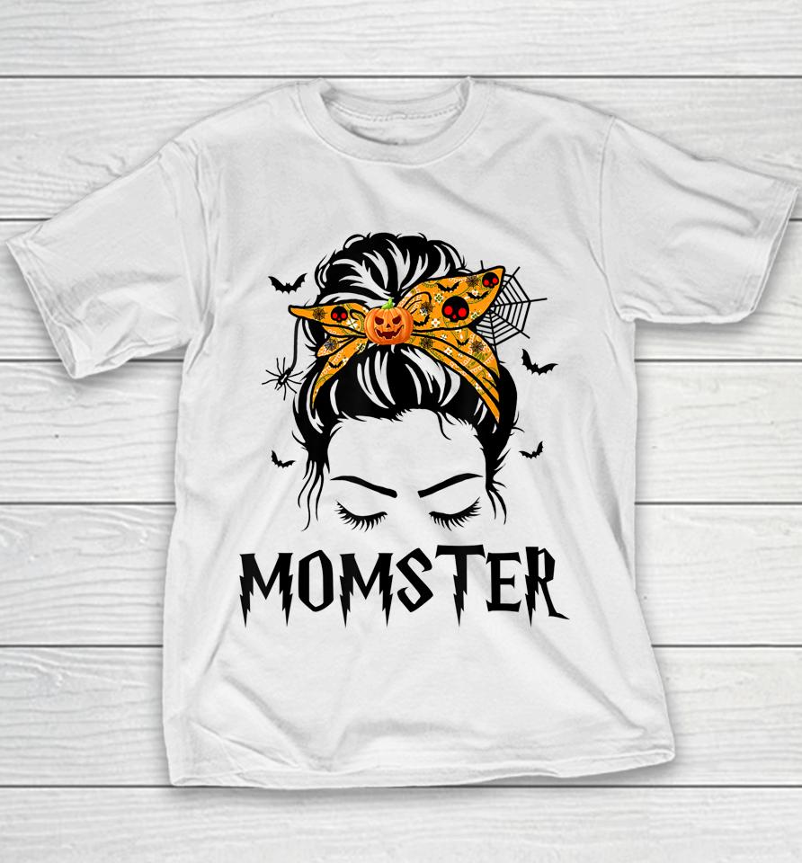 Momster Halloween Costume Skull Mom Messy Hair Bun Monster Youth T-Shirt