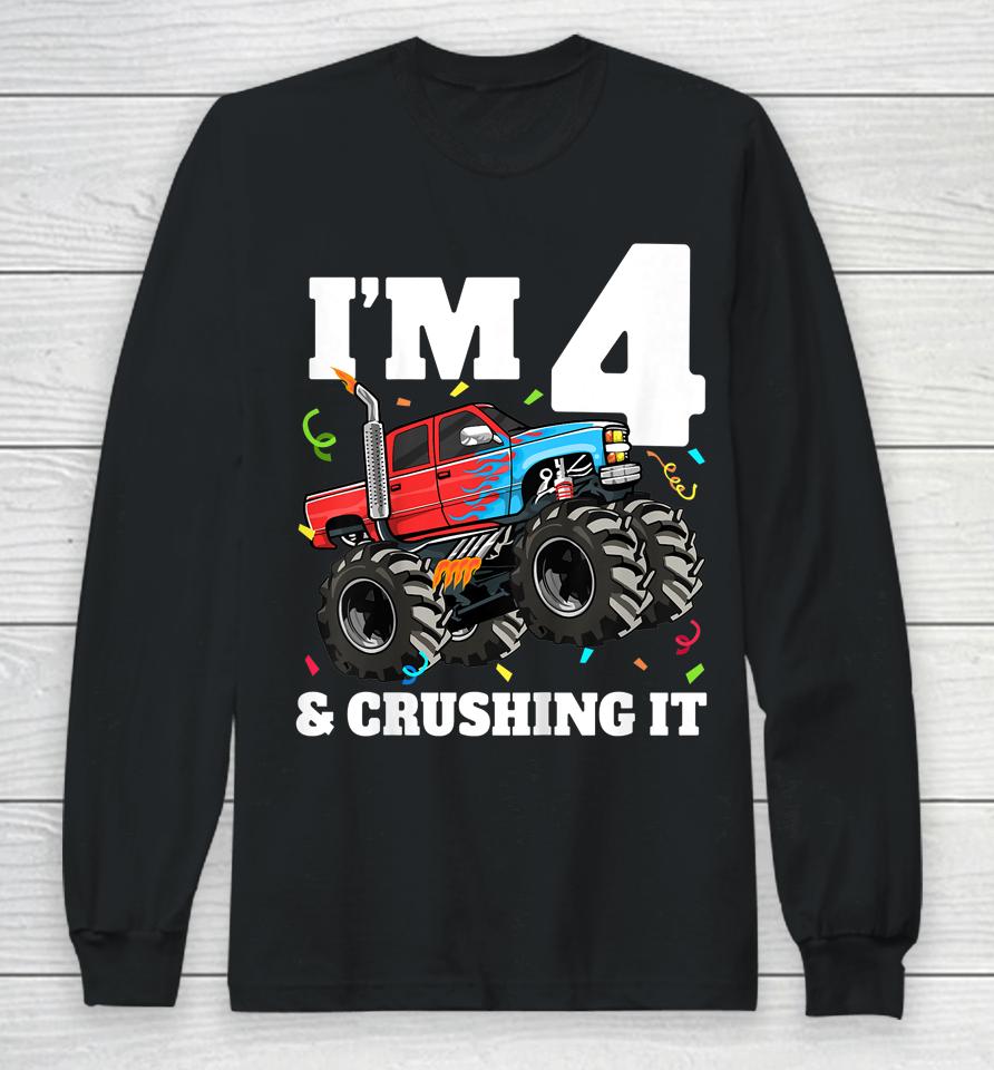 Monster Truck 4Th Birthday Boy 4 Four Year Old Long Sleeve T-Shirt