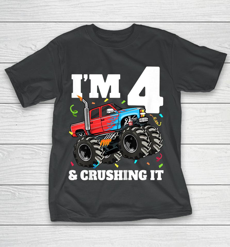 Monster Truck 4Th Birthday Boy 4 Four Year Old T-Shirt
