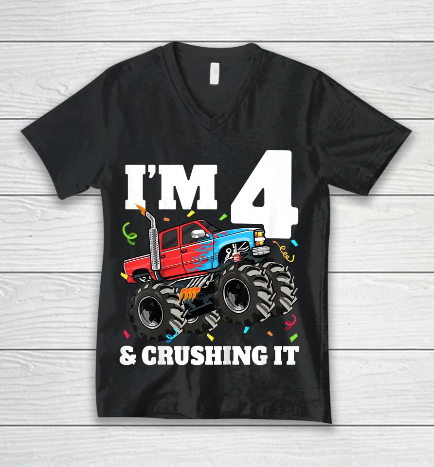 Monster Truck 4Th Birthday Boy 4 Four Year Old Unisex V-Neck T-Shirt