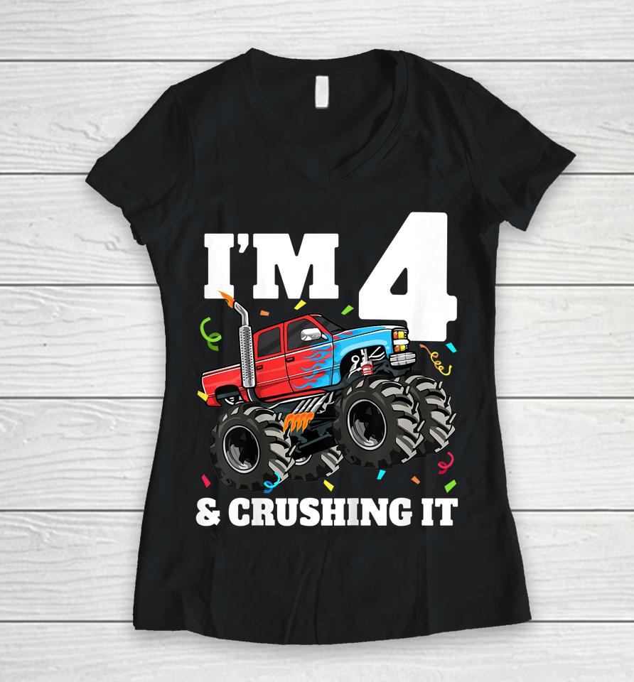 Monster Truck 4Th Birthday Boy 4 Four Year Old Women V-Neck T-Shirt