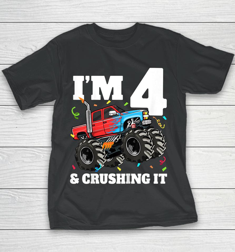 Monster Truck 4Th Birthday Boy 4 Four Year Old Youth T-Shirt