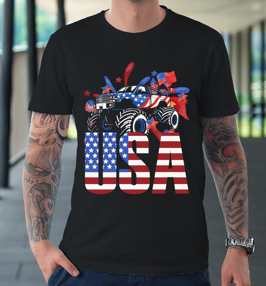 Monster Truck Toddler Boys Usa American Flag July 4Th Premium T-Shirt