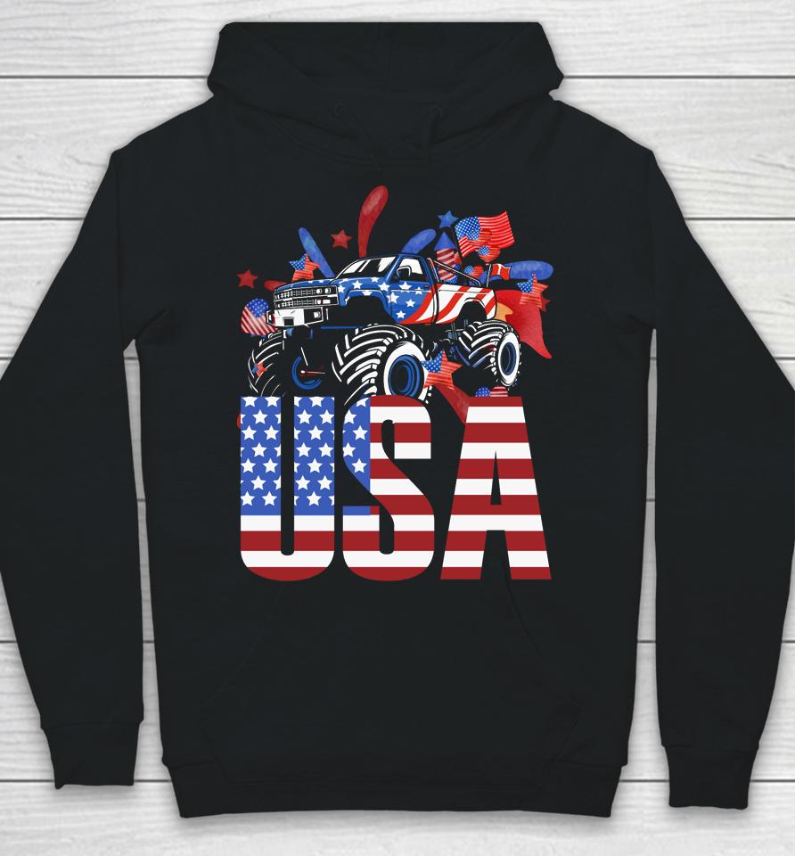 Monster Truck Toddler Boys Usa American Flag July 4Th Hoodie