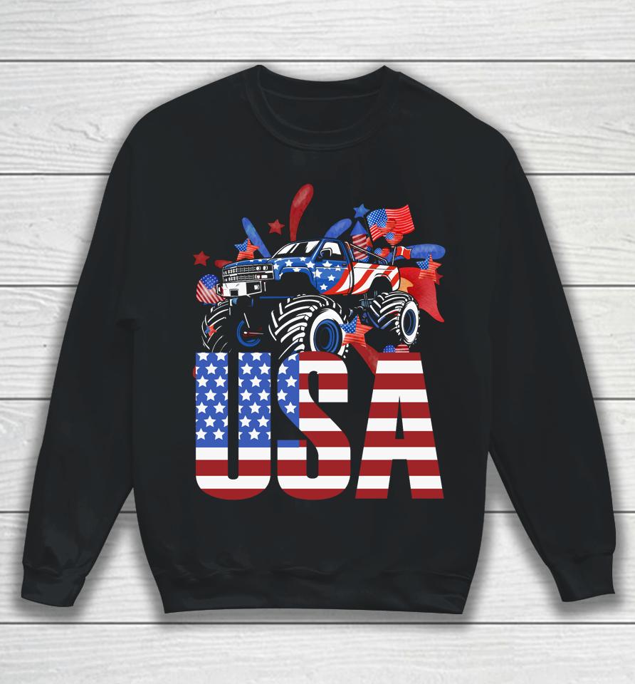 Monster Truck Toddler Boys Usa American Flag July 4Th Sweatshirt
