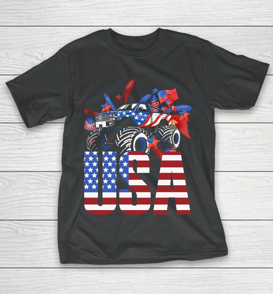 Monster Truck Toddler Boys Usa American Flag July 4Th T-Shirt
