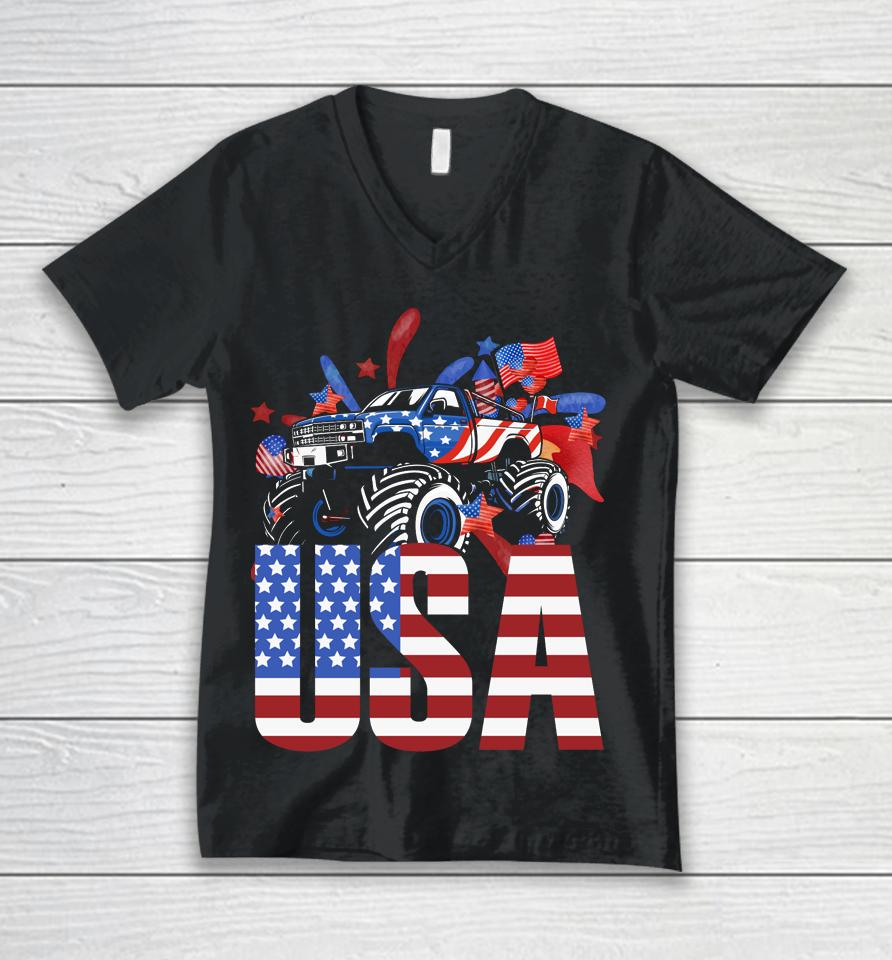 Monster Truck Toddler Boys Usa American Flag July 4Th Unisex V-Neck T-Shirt