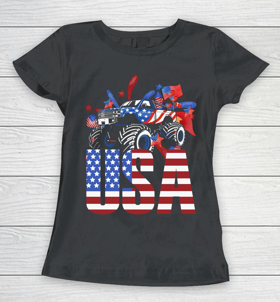 Monster Truck Toddler Boys Usa American Flag July 4Th Women T-Shirt