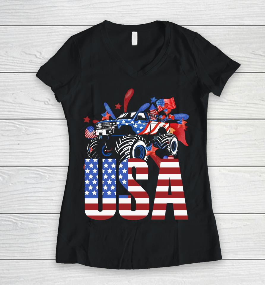 Monster Truck Toddler Boys Usa American Flag July 4Th Women V-Neck T-Shirt
