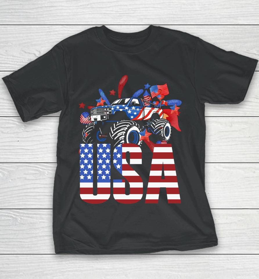 Monster Truck Toddler Boys Usa American Flag July 4Th Youth T-Shirt