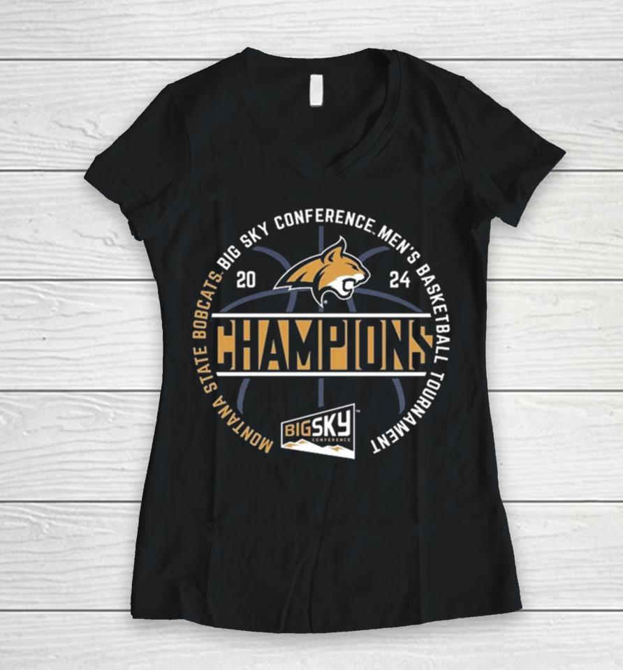 Montana State Bobcats 2024 Big Sky Conference Men’s Basketball Tournament Champions Women V-Neck T-Shirt