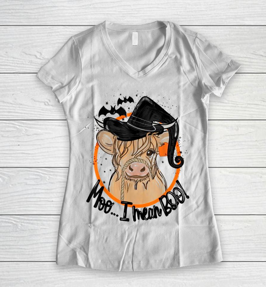 Moo I Mean Boo Cow Witch Heifer Halloween Women V-Neck T-Shirt
