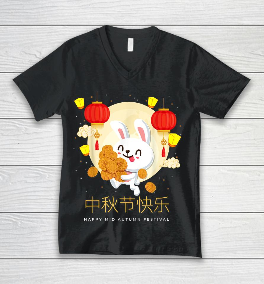 Moon Cake Chinese Festival Mid Autumn Cute Rabbit Bunny Unisex V-Neck T-Shirt