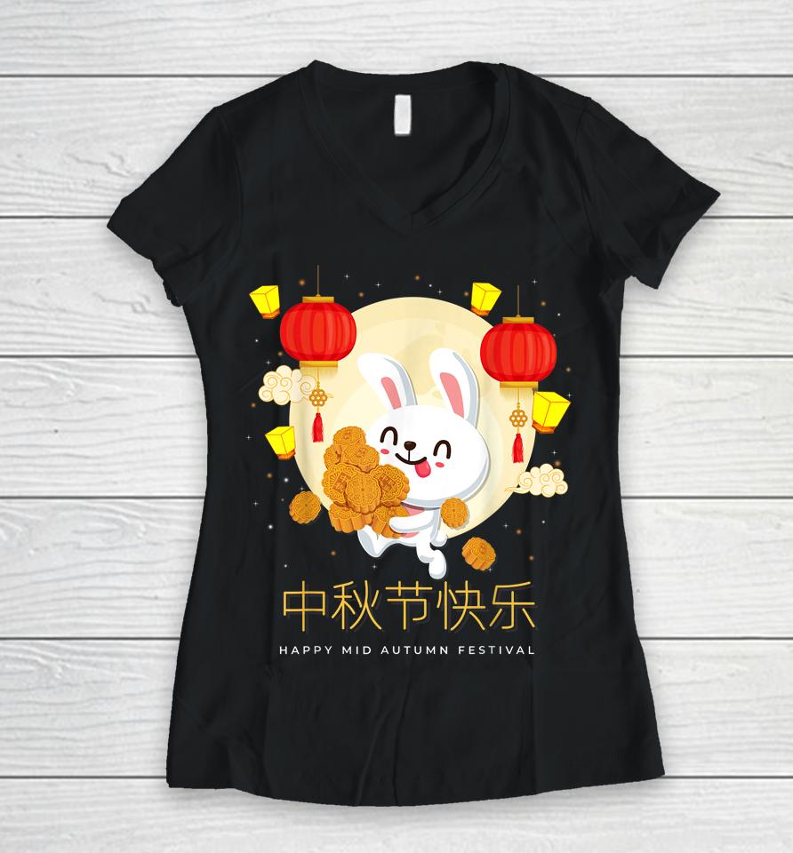 Moon Cake Chinese Festival Mid Autumn Cute Rabbit Bunny Women V-Neck T-Shirt