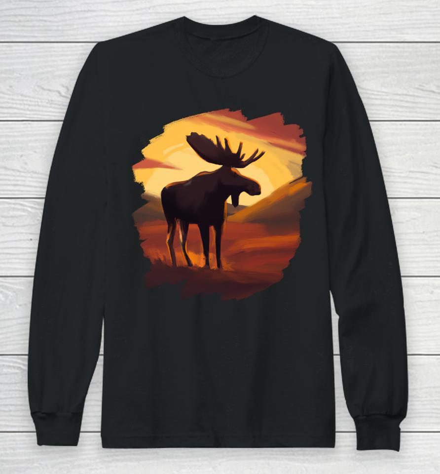 Moose Sunset Vintage Retro Art Nature Wildlife Moose Long Sleeve T-Shirt