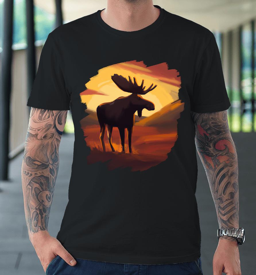 Moose Sunset Vintage Retro Art Nature Wildlife Moose Premium T-Shirt