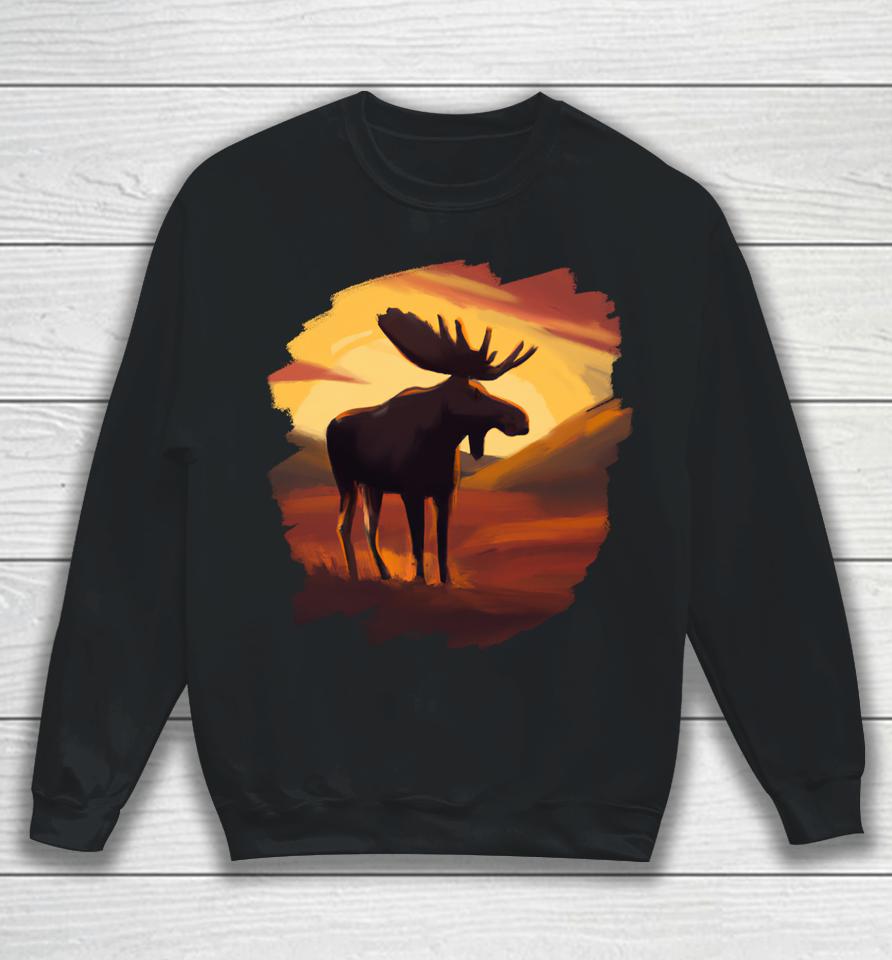 Moose Sunset Vintage Retro Art Nature Wildlife Moose Sweatshirt