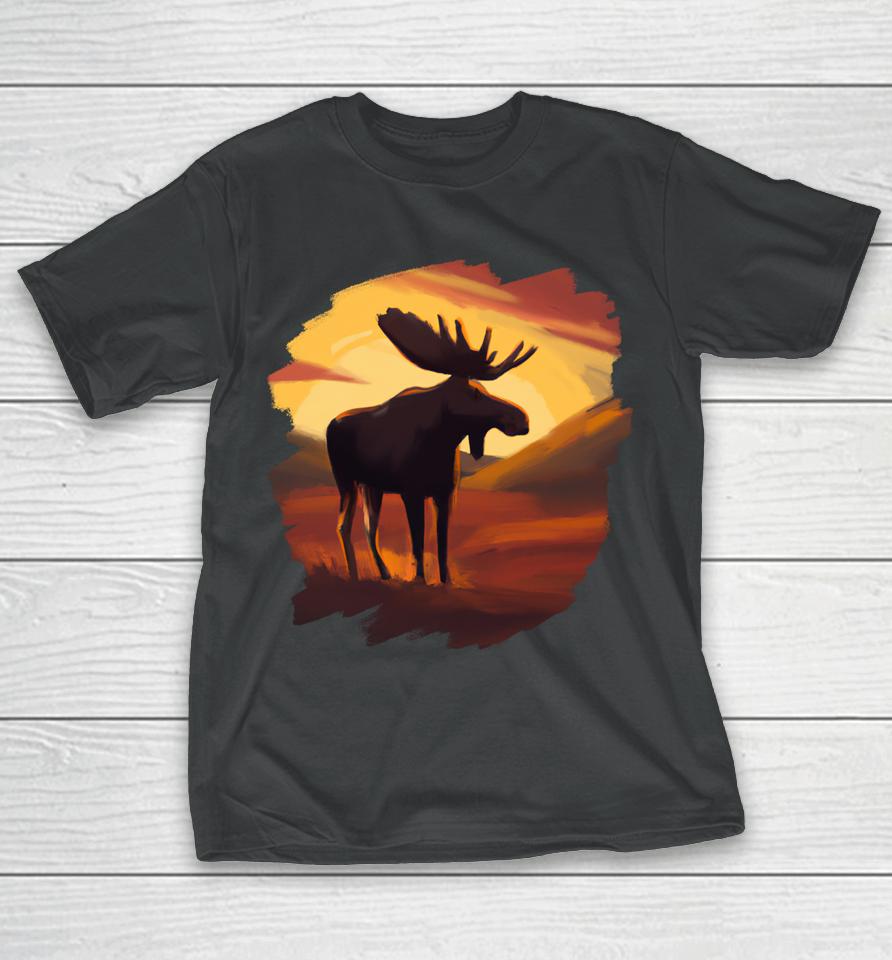 Moose Sunset Vintage Retro Art Nature Wildlife Moose T-Shirt